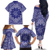 Blue Paisley Family Matching Off The Shoulder Long Sleeve Dress and Hawaiian Shirt Skull Gangster - Wonder Print Shop
