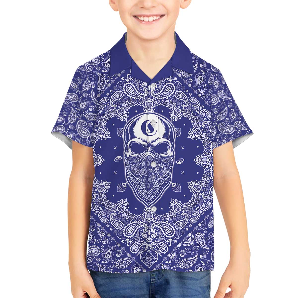 Blue Paisley Family Matching Off The Shoulder Long Sleeve Dress and Hawaiian Shirt Skull Gangster - Wonder Print Shop
