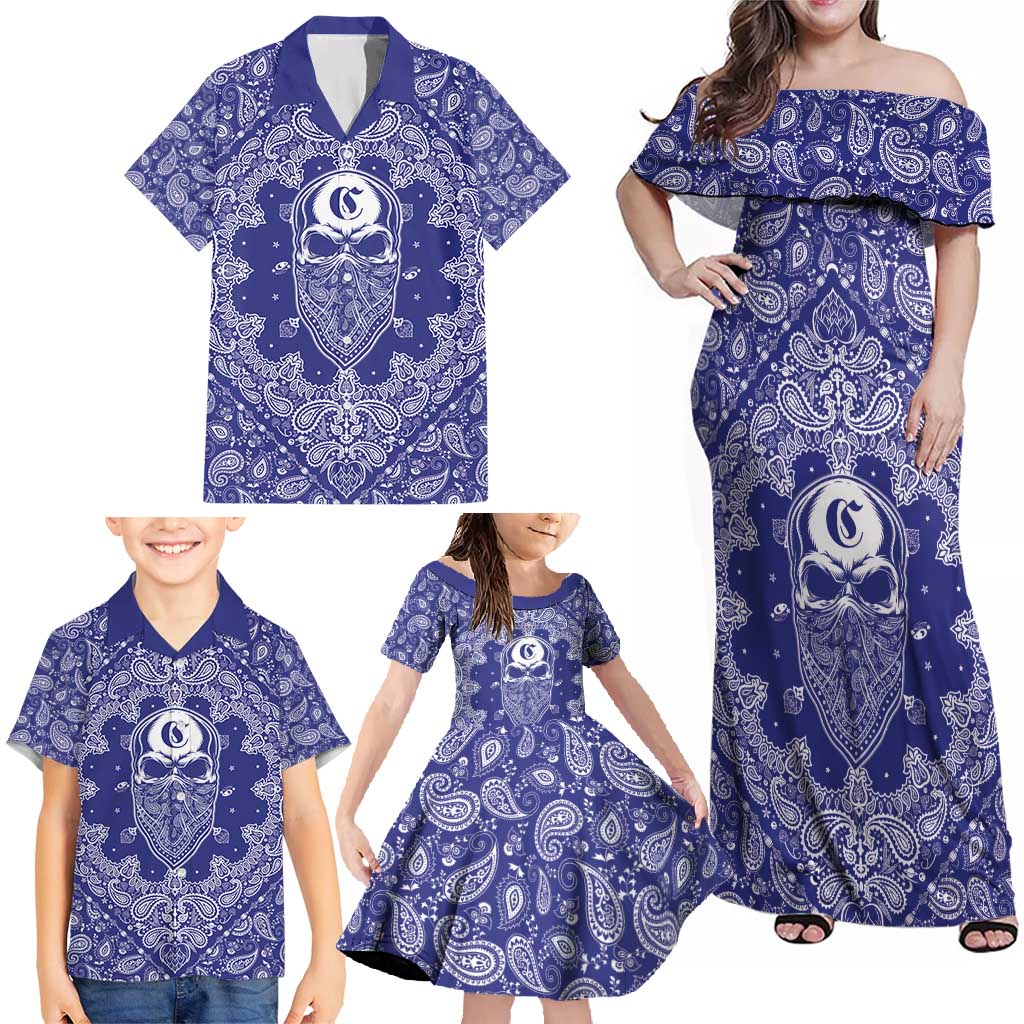 Blue Paisley Family Matching Off Shoulder Maxi Dress and Hawaiian Shirt Skull Gangster - Wonder Print Shop