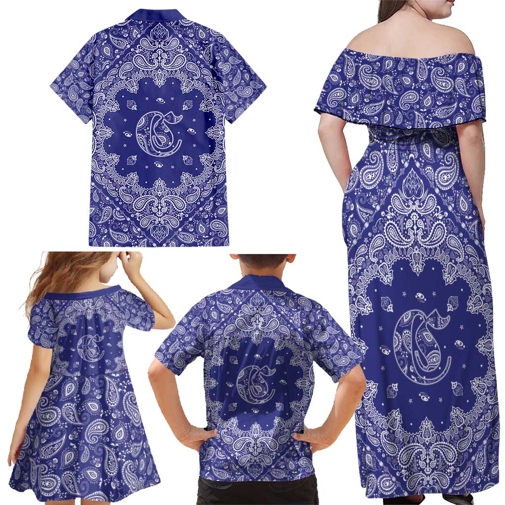 Blue Paisley Family Matching Off Shoulder Maxi Dress and Hawaiian Shirt Skull Gangster - Wonder Print Shop