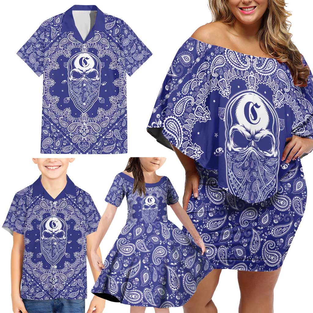 Blue Paisley Family Matching Off Shoulder Short Dress and Hawaiian Shirt Skull Gangster - Wonder Print Shop