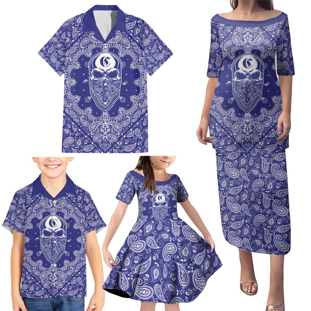 Blue Paisley Family Matching Puletasi and Hawaiian Shirt Skull Gangster - Wonder Print Shop