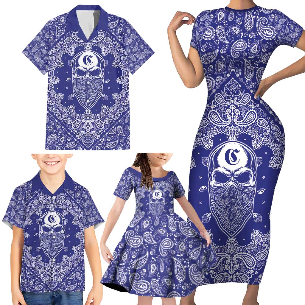 Blue Paisley Family Matching Short Sleeve Bodycon Dress and Hawaiian Shirt Skull Gangster - Wonder Print Shop