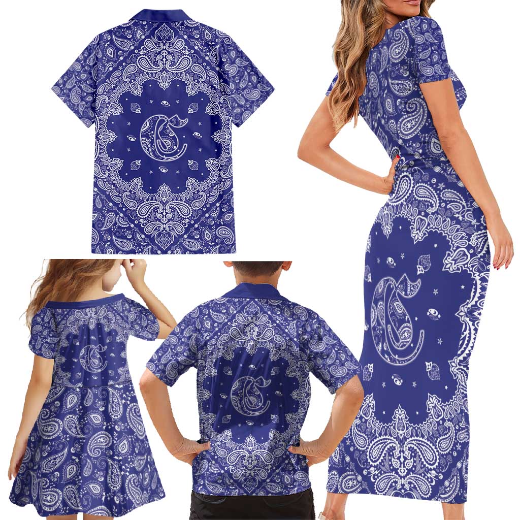Blue Paisley Family Matching Short Sleeve Bodycon Dress and Hawaiian Shirt Skull Gangster - Wonder Print Shop