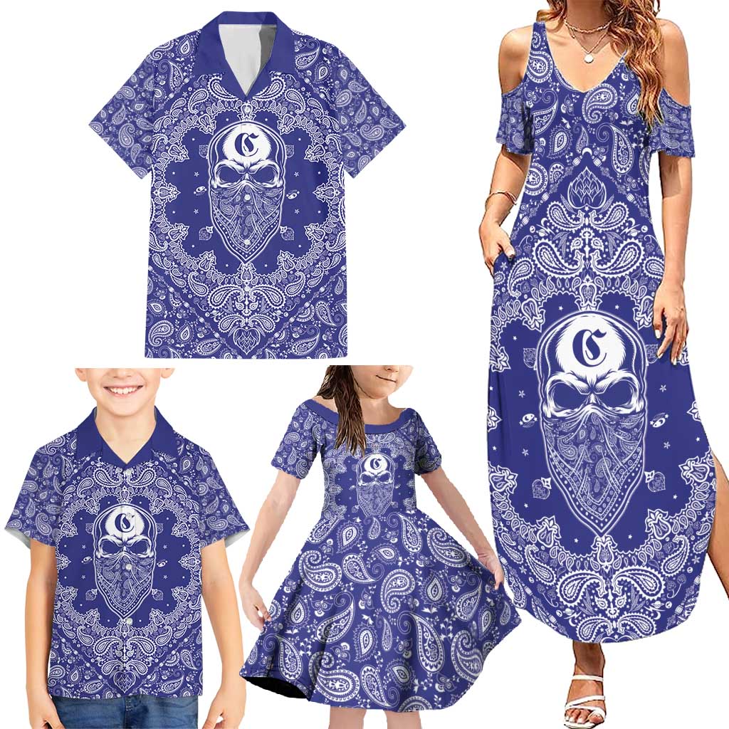 Blue Paisley Family Matching Summer Maxi Dress and Hawaiian Shirt Skull Gangster - Wonder Print Shop