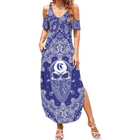Blue Paisley Family Matching Summer Maxi Dress and Hawaiian Shirt Skull Gangster - Wonder Print Shop
