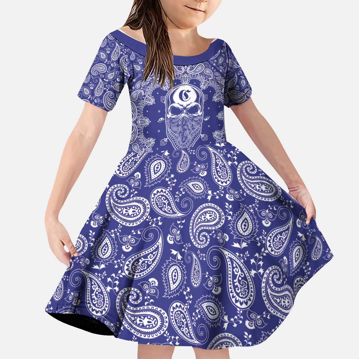 Blue Paisley Kid Short Sleeve Dress Skull Gangster - Wonder Print Shop