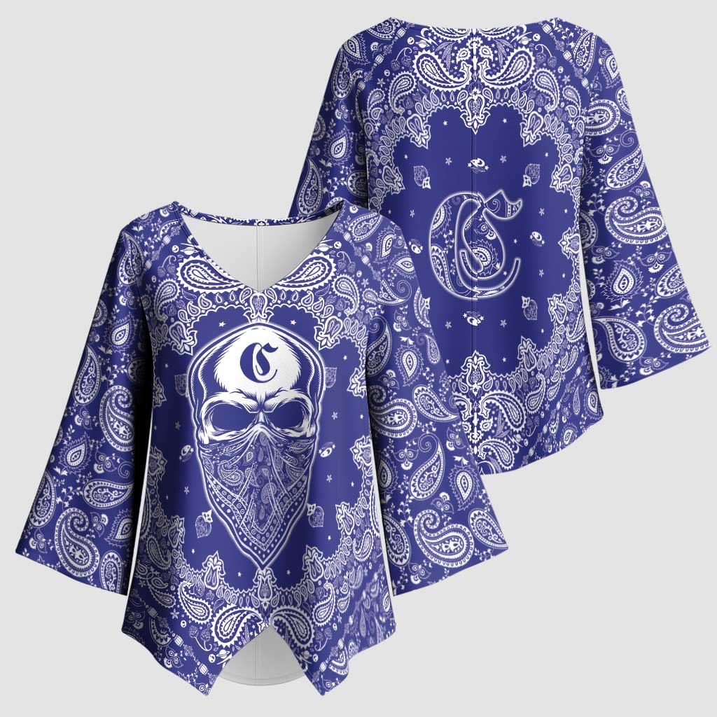 Blue Paisley Kimono Sleeve Blouse Skull Gangster - Wonder Print Shop