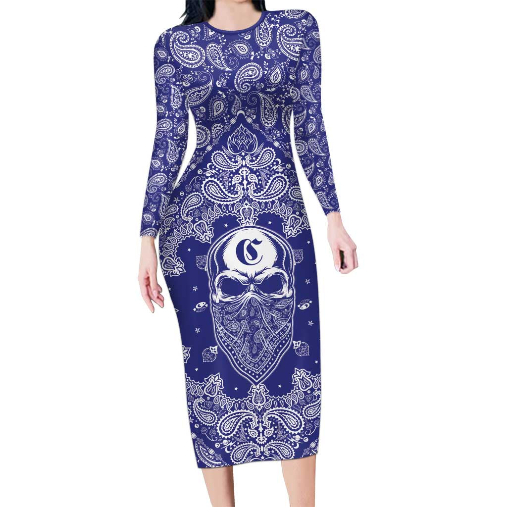 Blue Paisley Long Sleeve Bodycon Dress Skull Gangster - Wonder Print Shop