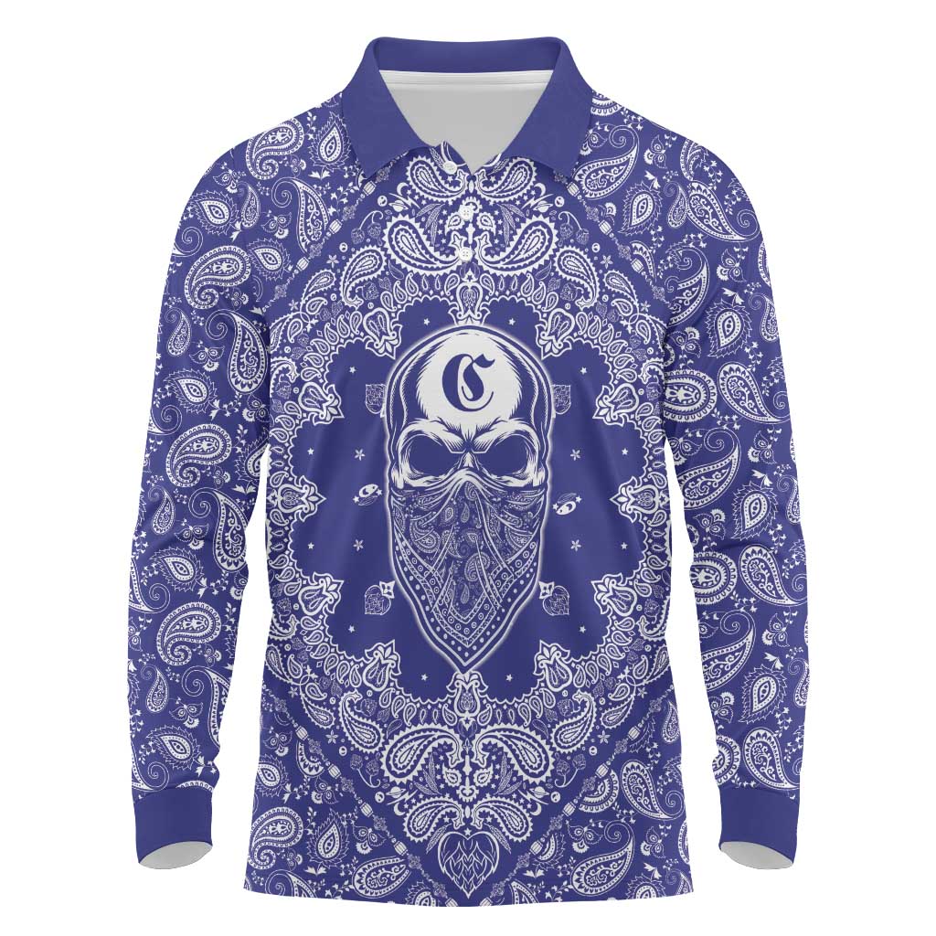 Blue Paisley Long Sleeve Polo Shirt Skull Gangster - Wonder Print Shop
