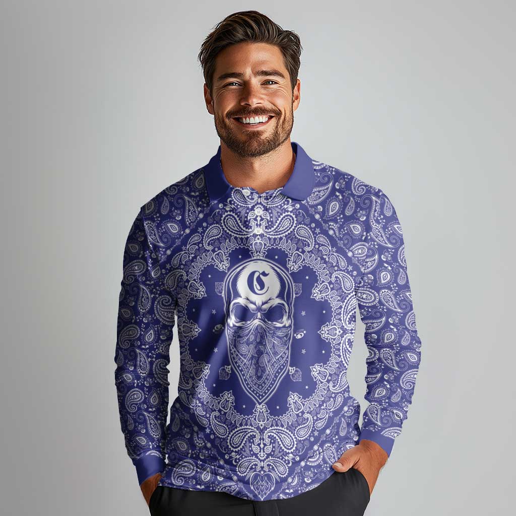 Blue Paisley Long Sleeve Polo Shirt Skull Gangster - Wonder Print Shop