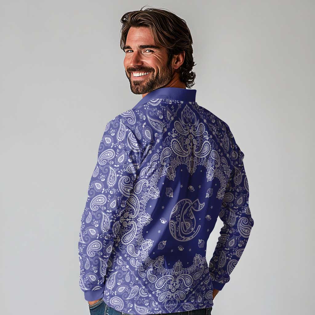 Blue Paisley Long Sleeve Polo Shirt Skull Gangster - Wonder Print Shop