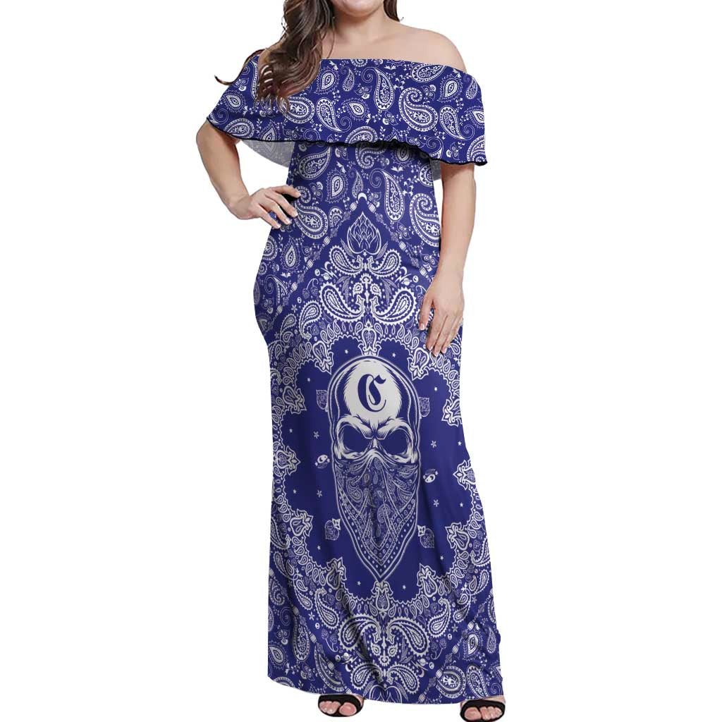Blue Paisley Off Shoulder Maxi Dress Skull Gangster - Wonder Print Shop