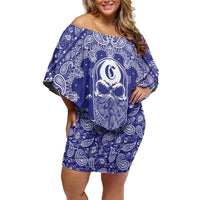 Blue Paisley Off Shoulder Short Dress Skull Gangster - Wonder Print Shop