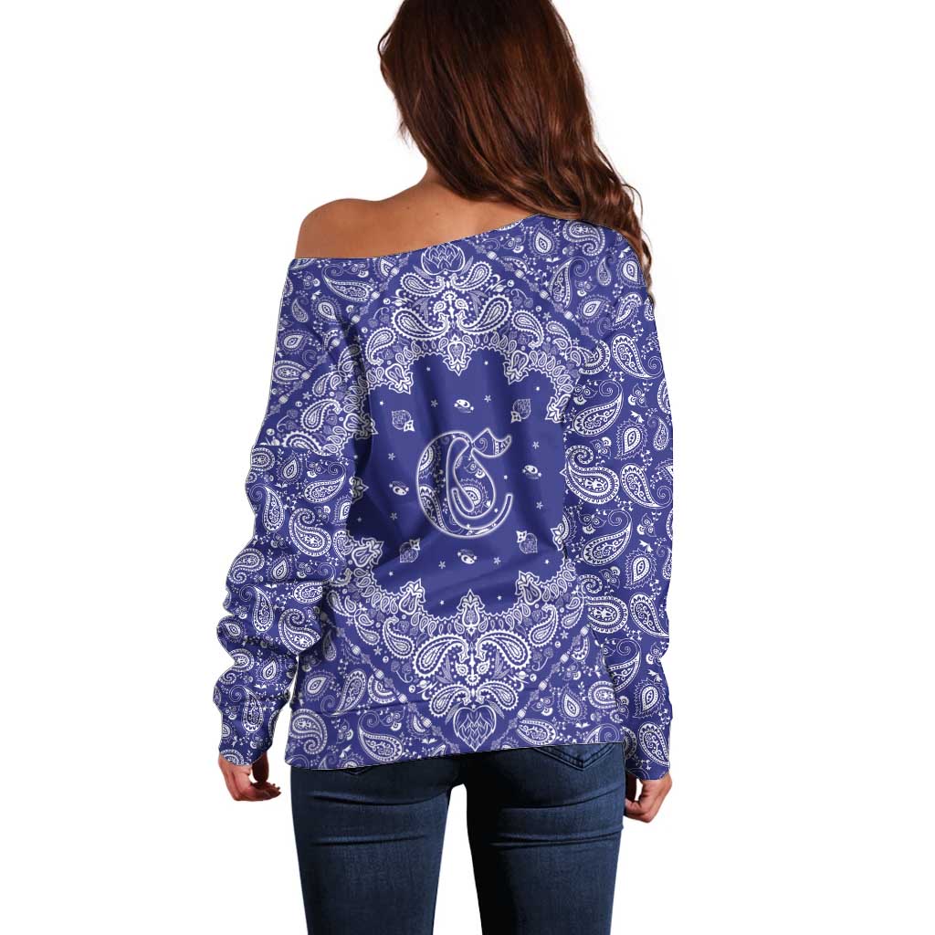 Blue Paisley Off Shoulder Sweater Skull Gangster - Wonder Print Shop