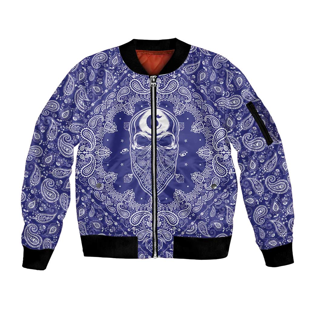 Blue Paisley Sleeve Zip Bomber Jacket Skull Gangster - Wonder Print Shop