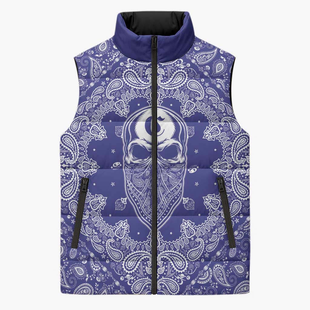 Blue Paisley Sleeveless Puffer Jacket Skull Gangster - Wonder Print Shop