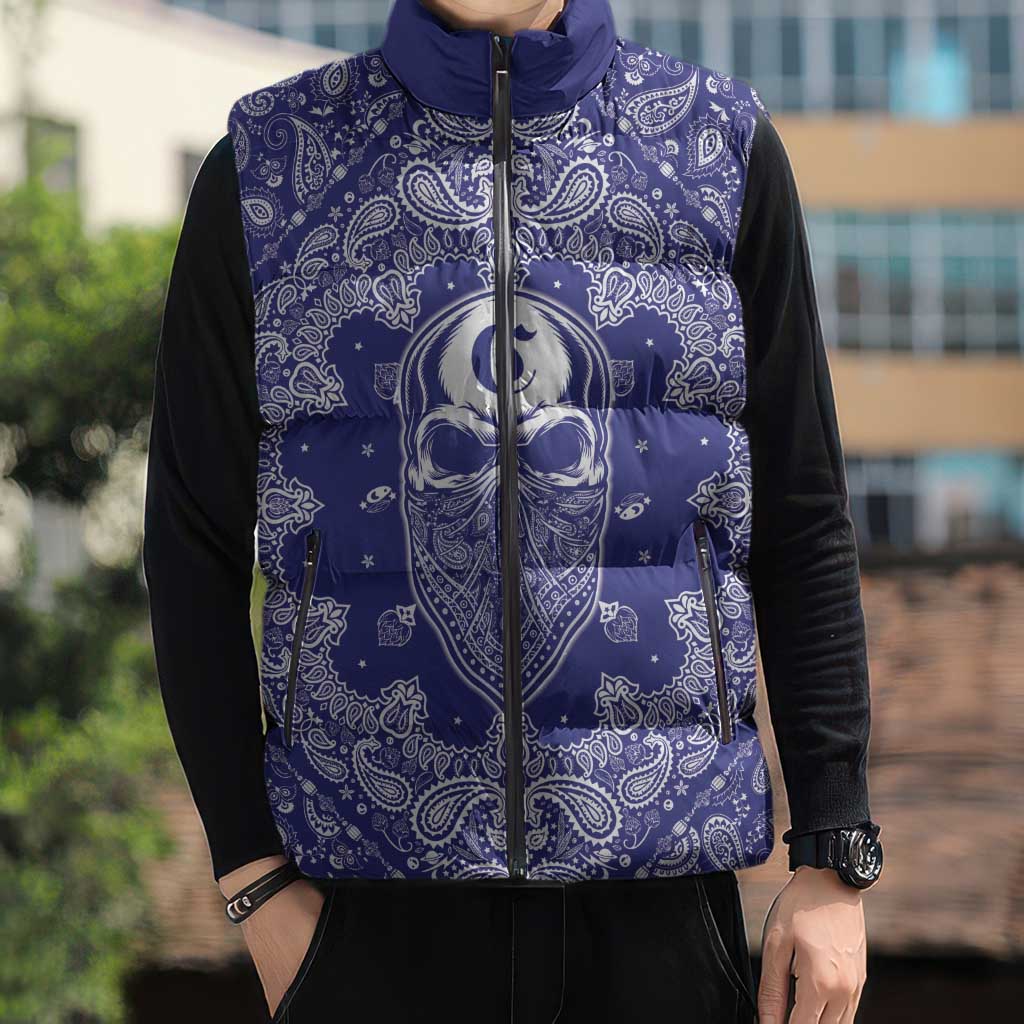Blue Paisley Sleeveless Puffer Jacket Skull Gangster - Wonder Print Shop