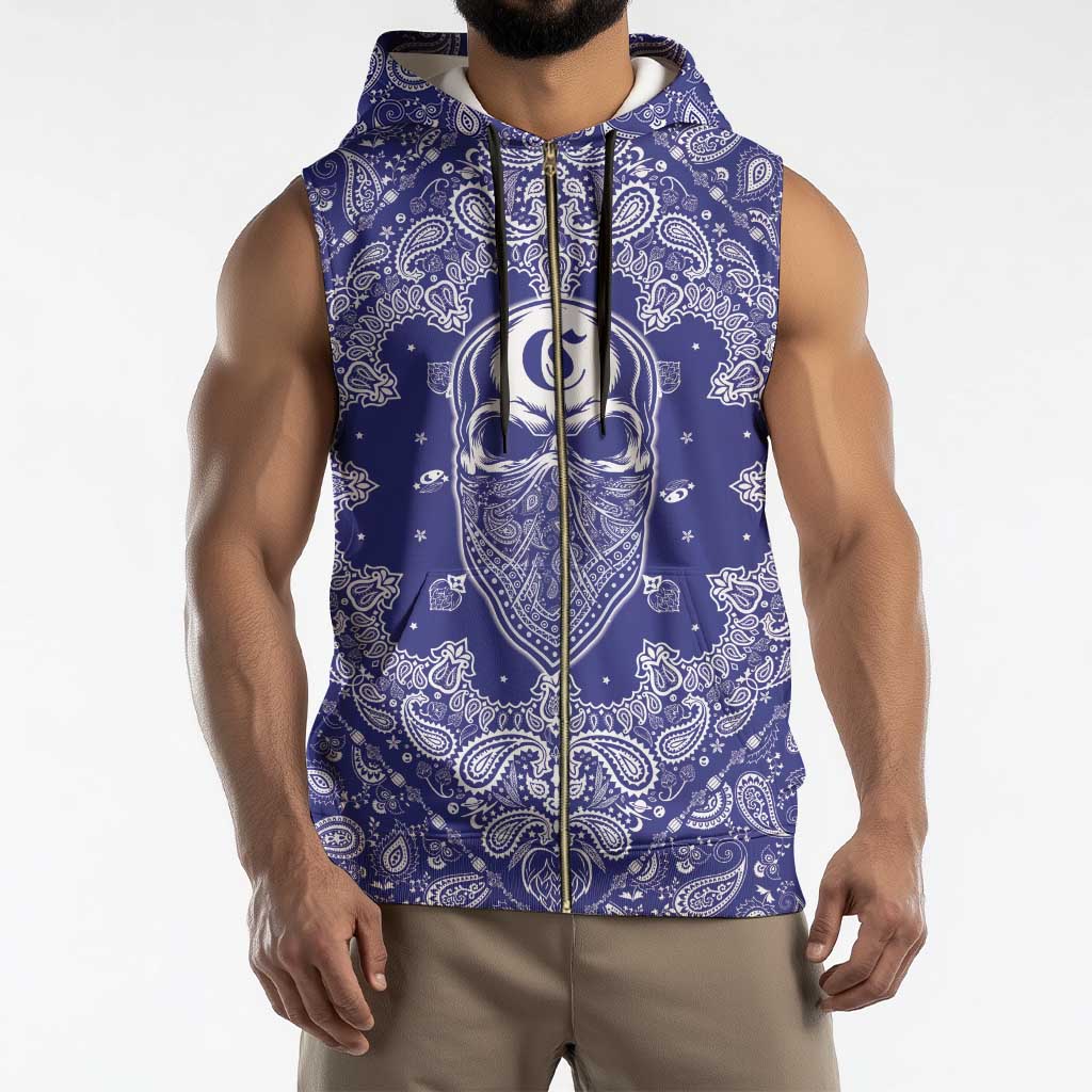 Blue Paisley Sleeveless Zip Hoodie Skull Gangster - Wonder Print Shop