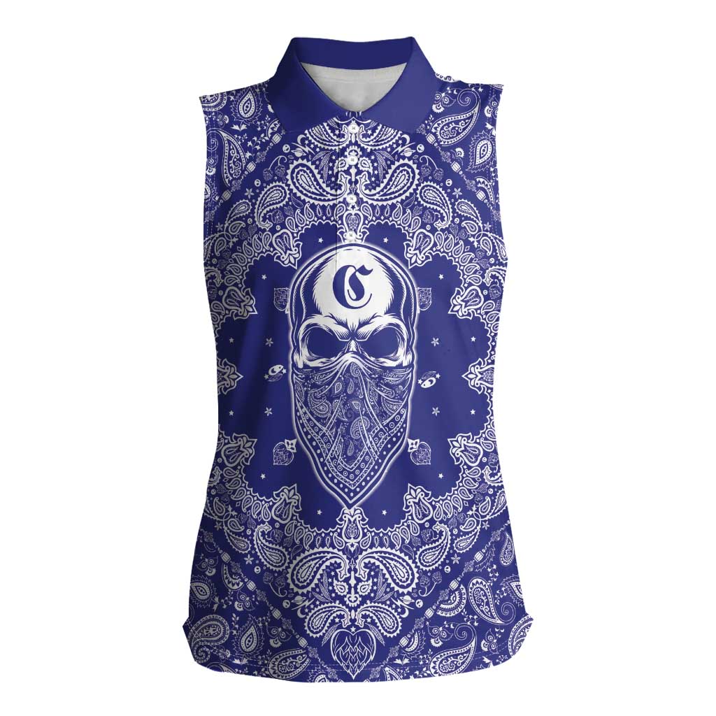Blue Paisley Women Sleeveless Polo Shirt Skull Gangster - Wonder Print Shop