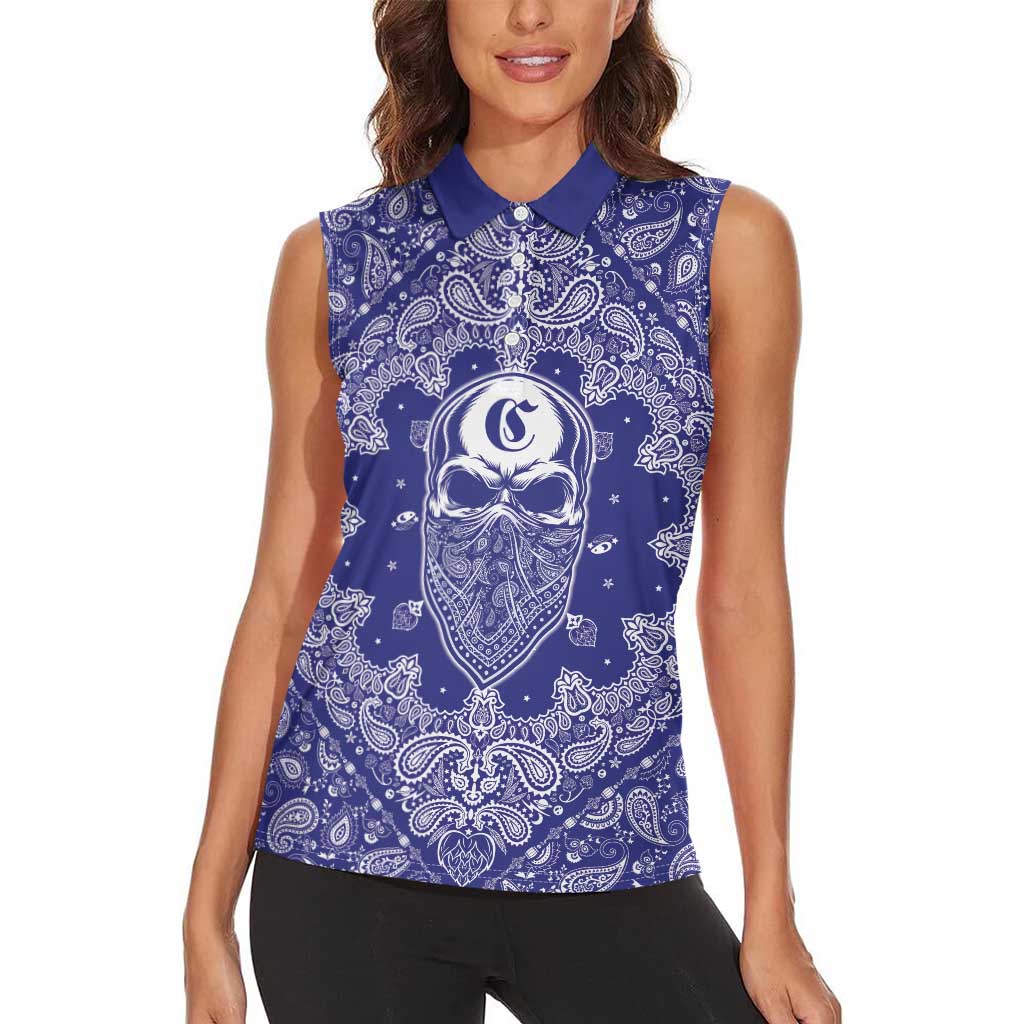 Blue Paisley Women Sleeveless Polo Shirt Skull Gangster - Wonder Print Shop