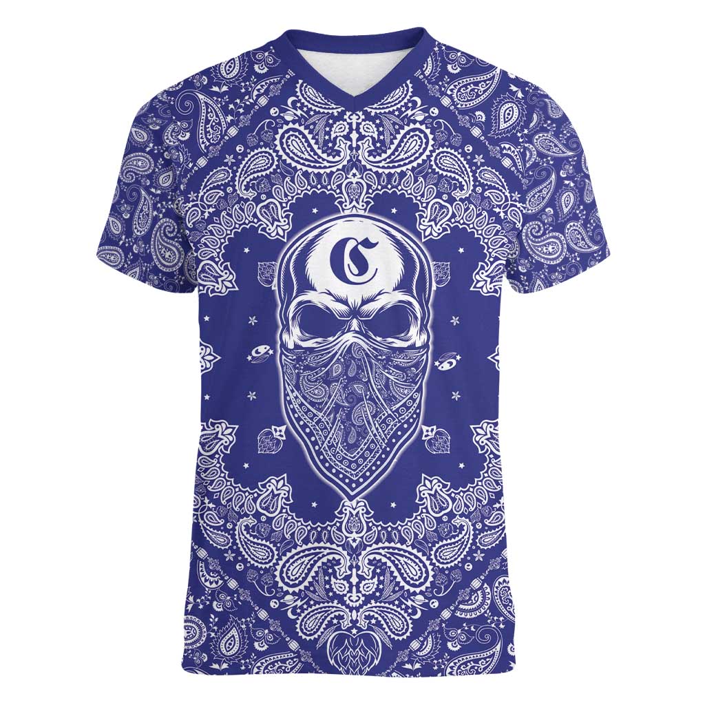 Blue Paisley Women V-Neck T-Shirt Skull Gangster - Wonder Print Shop