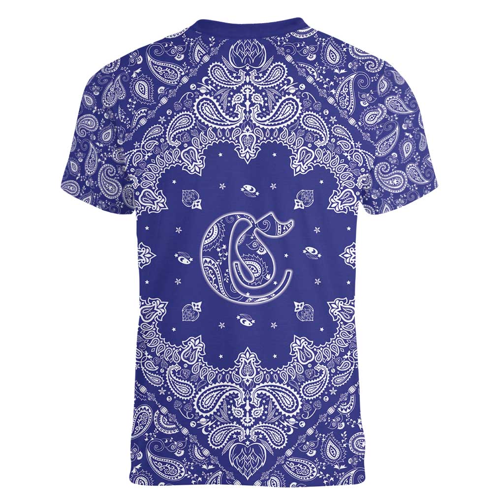 Blue Paisley Women V-Neck T-Shirt Skull Gangster - Wonder Print Shop