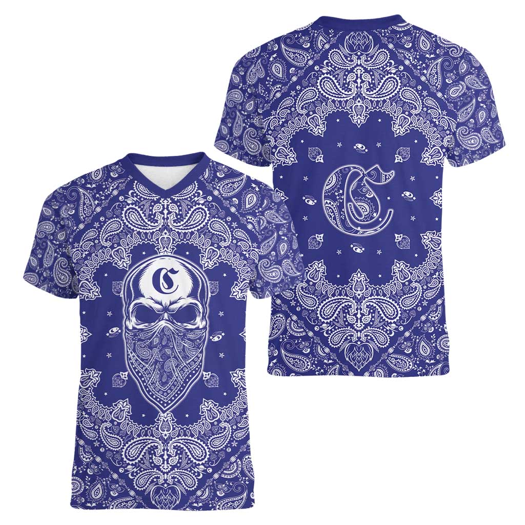 Blue Paisley Women V-Neck T-Shirt Skull Gangster - Wonder Print Shop