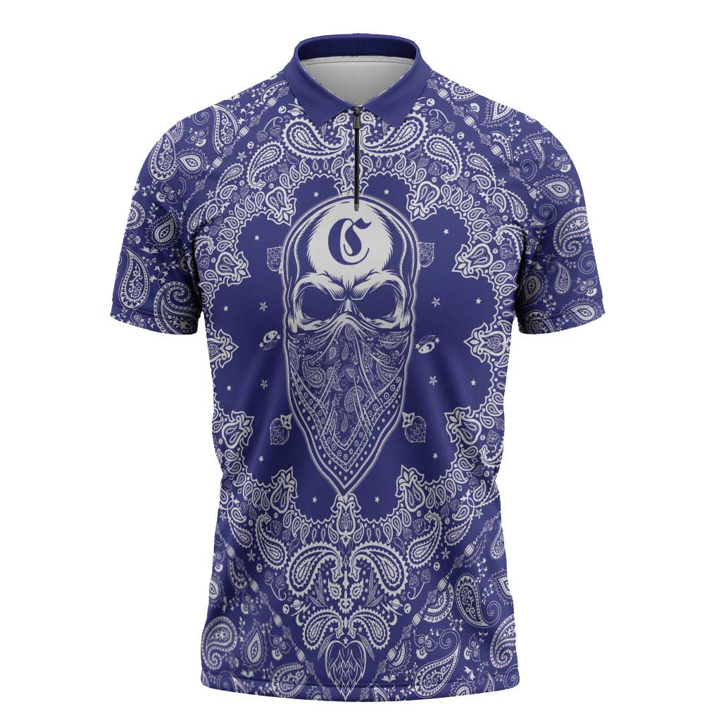 Blue Paisley Zipper Polo Shirt Skull Gangster - Wonder Print Shop