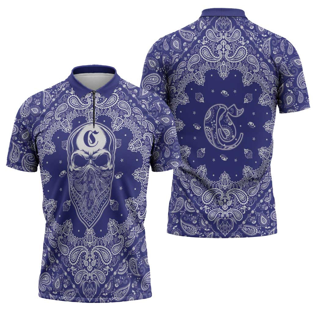 Blue Paisley Zipper Polo Shirt Skull Gangster - Wonder Print Shop