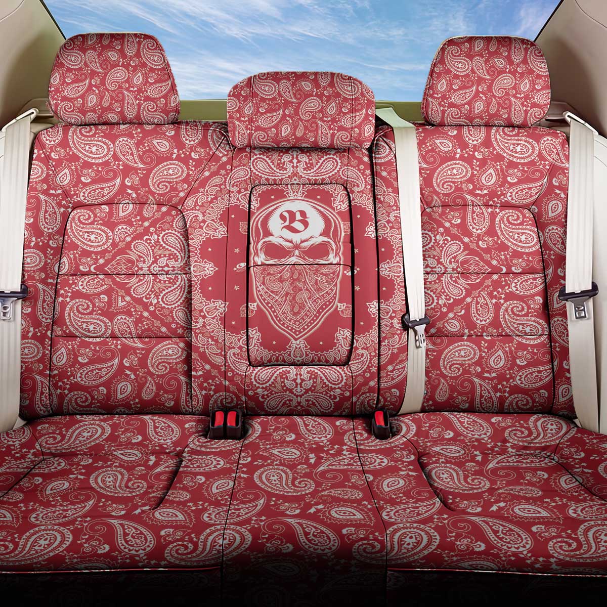 Red Paisley Back Car Seat Cover Skull Gangster - Wonder Print Shop