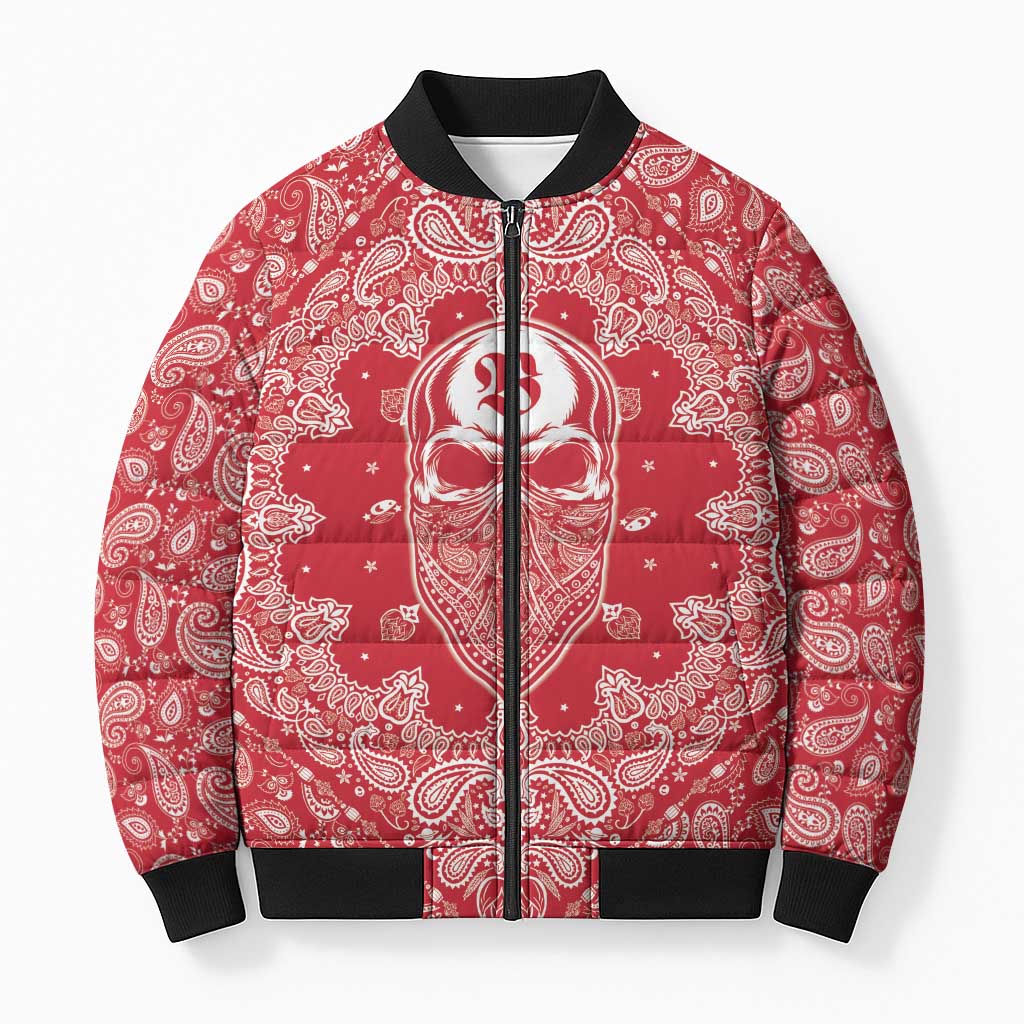 Red Paisley Bomber Puffer Jacket Skull Gangster - Wonder Print Shop