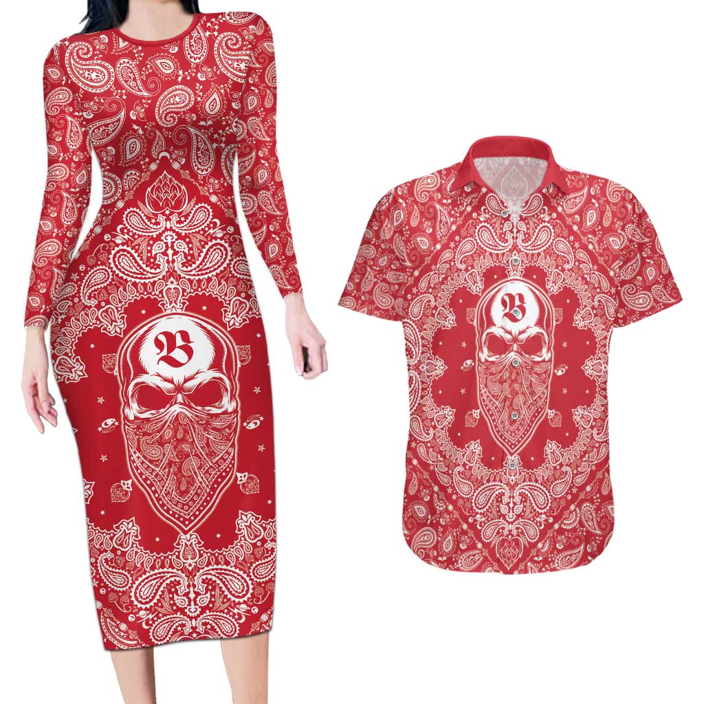 Red Paisley Couples Matching Long Sleeve Bodycon Dress and Hawaiian Shirt Skull Gangster - Wonder Print Shop