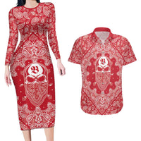 Red Paisley Couples Matching Long Sleeve Bodycon Dress and Hawaiian Shirt Skull Gangster - Wonder Print Shop