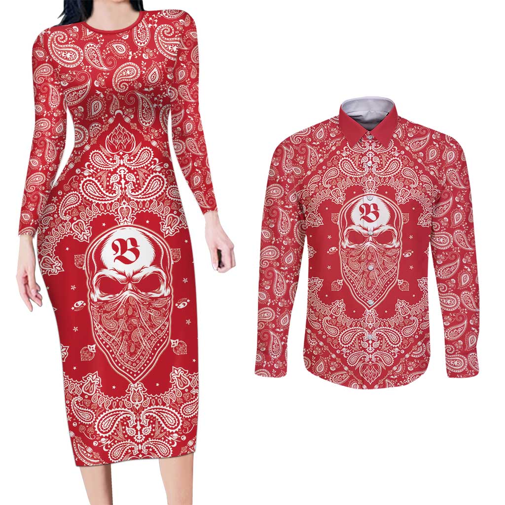 Red Paisley Couples Matching Long Sleeve Bodycon Dress and Long Sleeve Button Shirt Skull Gangster - Wonder Print Shop