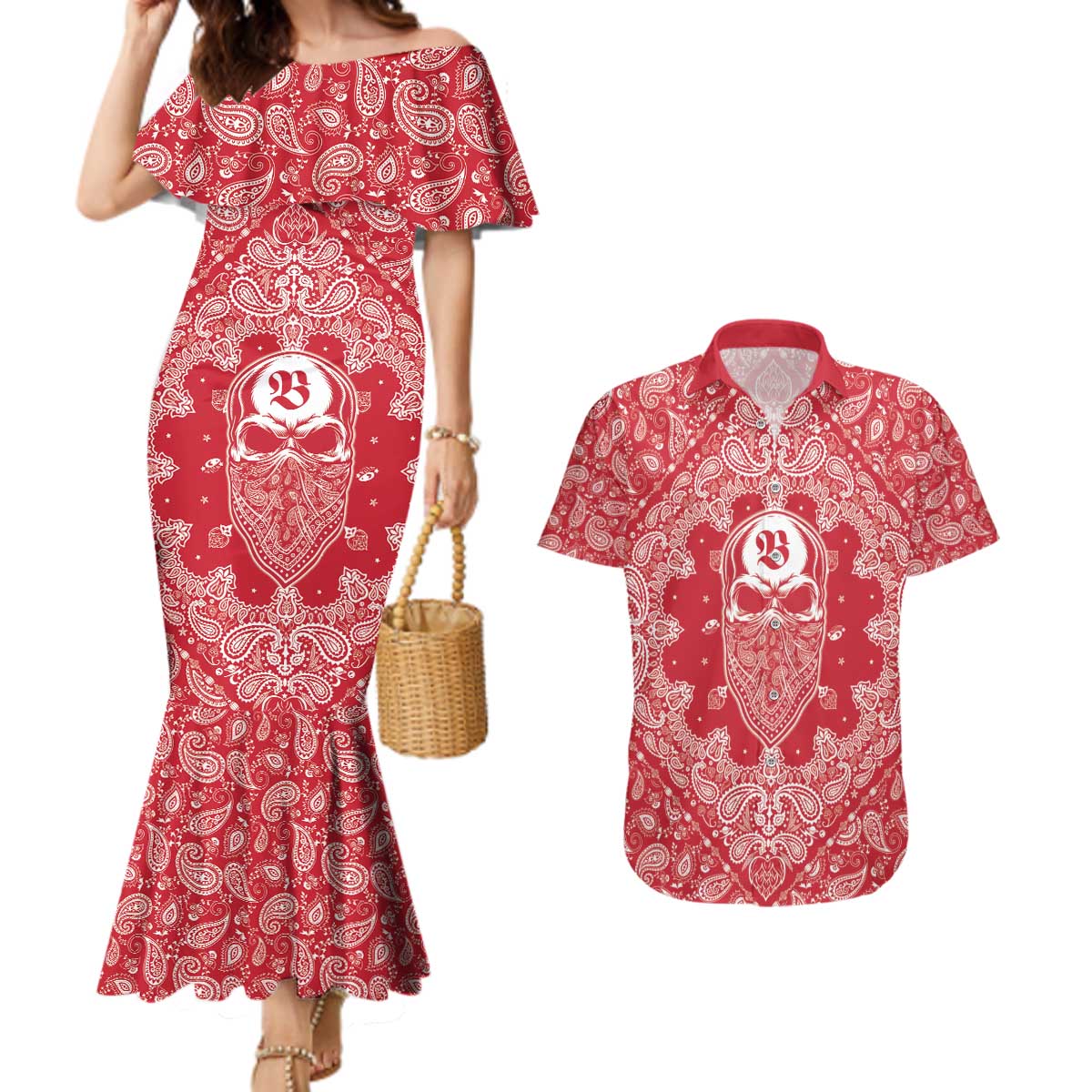 Red Paisley Couples Matching Mermaid Dress and Hawaiian Shirt Skull Gangster - Wonder Print Shop