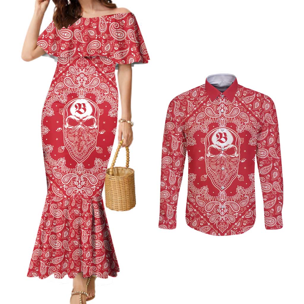 Red Paisley Couples Matching Mermaid Dress and Long Sleeve Button Shirt Skull Gangster - Wonder Print Shop