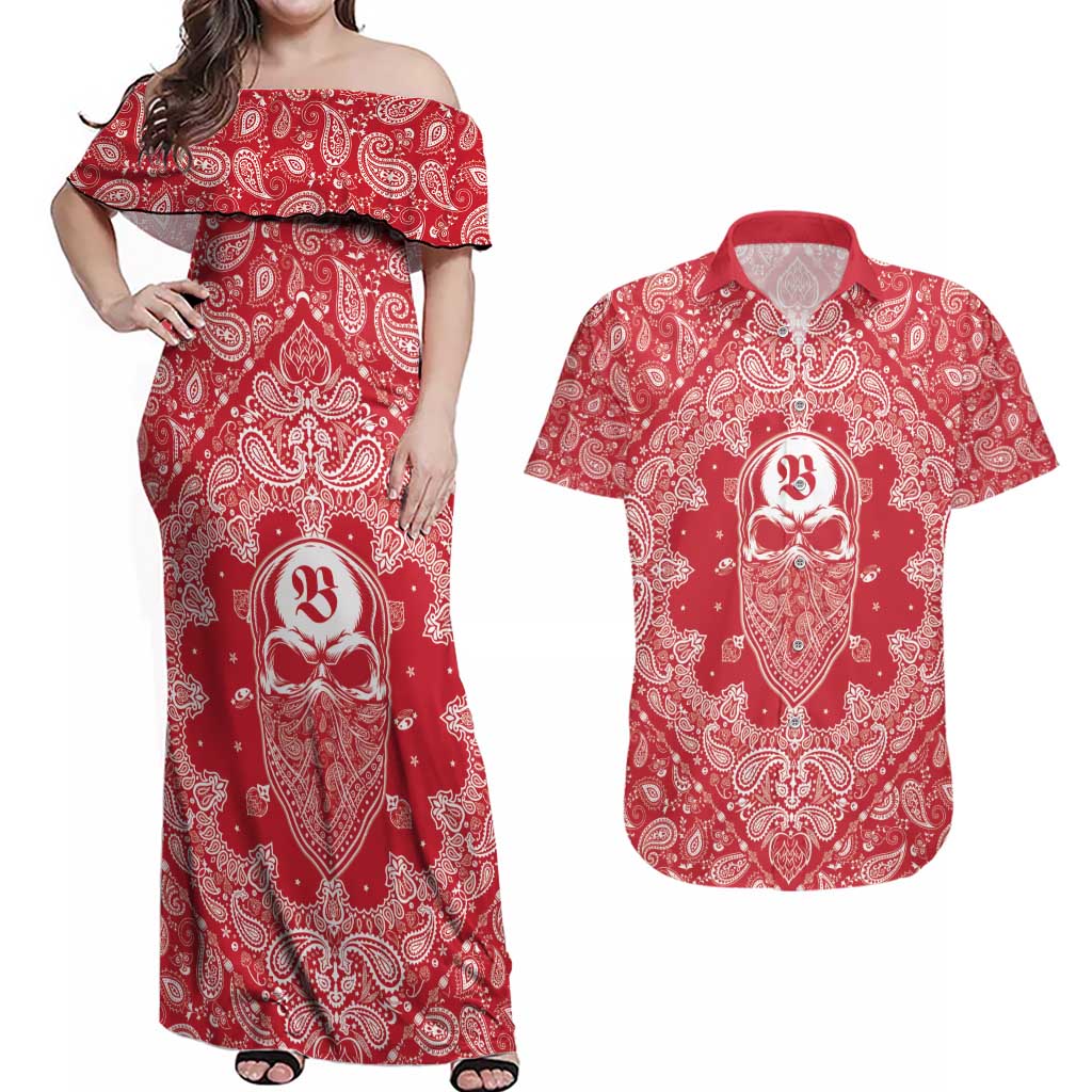 Red Paisley Couples Matching Off Shoulder Maxi Dress and Hawaiian Shirt Skull Gangster - Wonder Print Shop