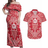 Red Paisley Couples Matching Off Shoulder Maxi Dress and Hawaiian Shirt Skull Gangster - Wonder Print Shop