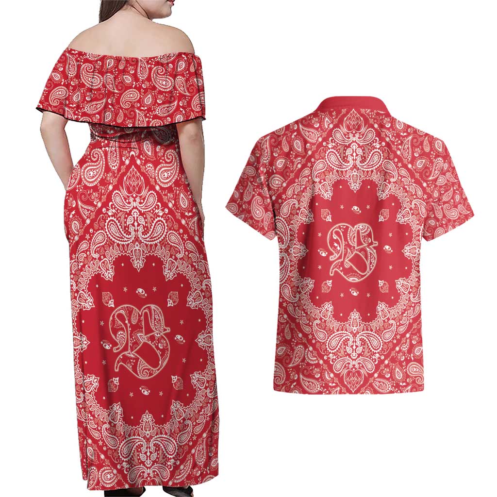 Red Paisley Couples Matching Off Shoulder Maxi Dress and Hawaiian Shirt Skull Gangster - Wonder Print Shop