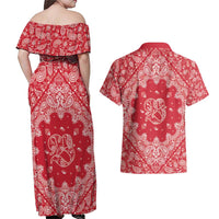 Red Paisley Couples Matching Off Shoulder Maxi Dress and Hawaiian Shirt Skull Gangster - Wonder Print Shop