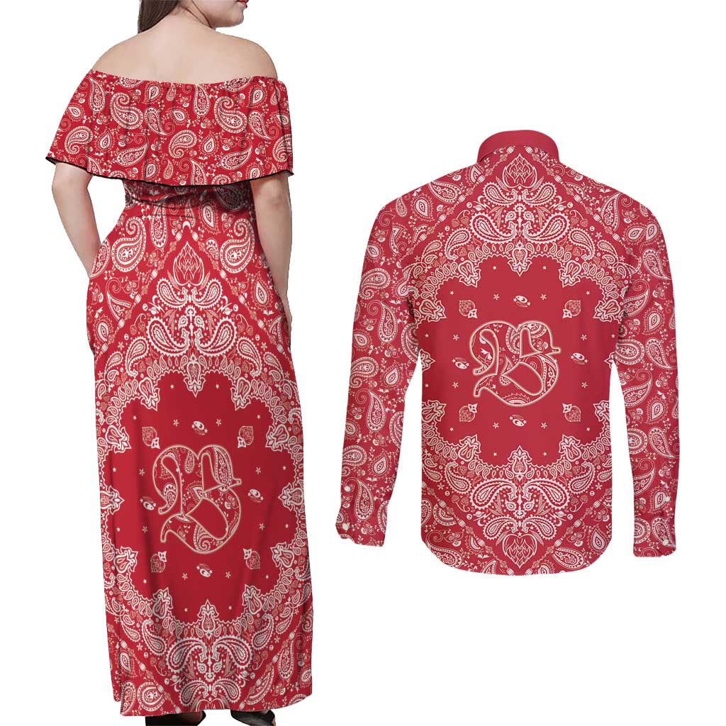 Red Paisley Couples Matching Off Shoulder Maxi Dress and Long Sleeve Button Shirt Skull Gangster - Wonder Print Shop