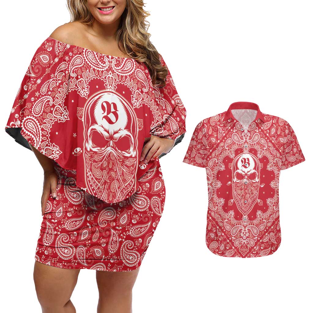 Red Paisley Couples Matching Off Shoulder Short Dress and Hawaiian Shirt Skull Gangster - Wonder Print Shop
