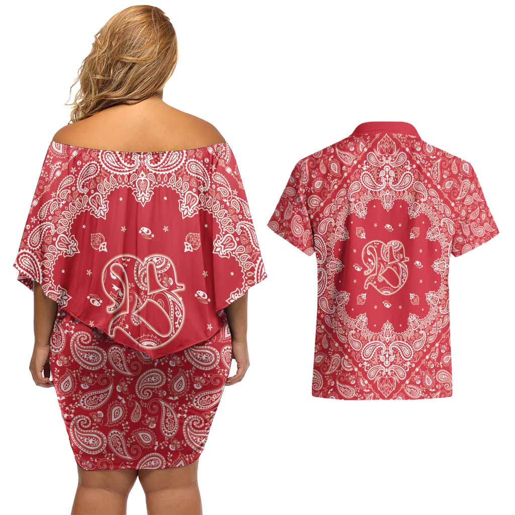 Red Paisley Couples Matching Off Shoulder Short Dress and Hawaiian Shirt Skull Gangster - Wonder Print Shop