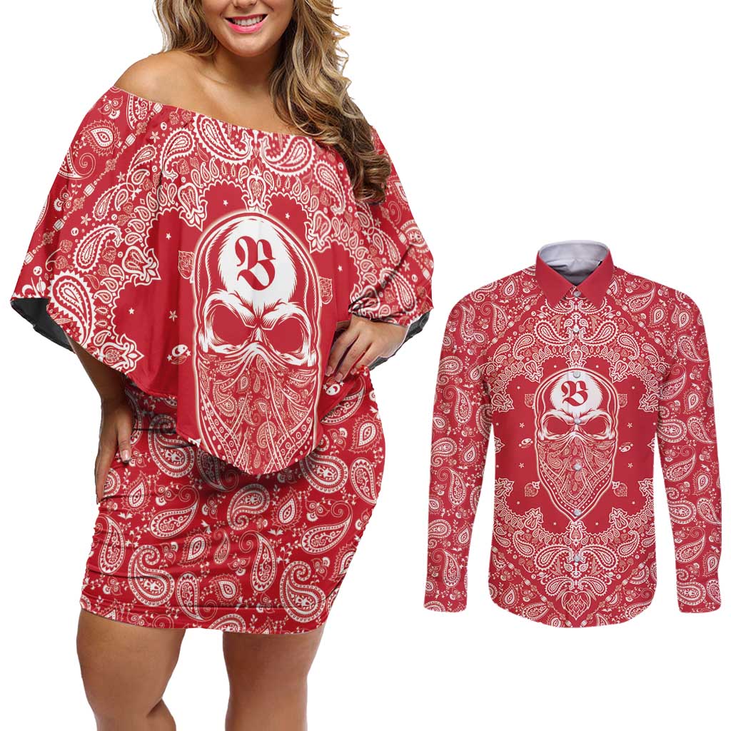 Red Paisley Couples Matching Off Shoulder Short Dress and Long Sleeve Button Shirt Skull Gangster - Wonder Print Shop