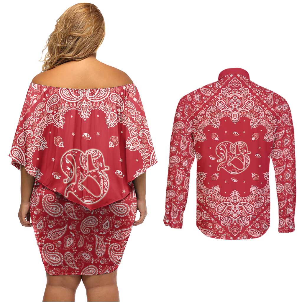 Red Paisley Couples Matching Off Shoulder Short Dress and Long Sleeve Button Shirt Skull Gangster - Wonder Print Shop