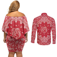 Red Paisley Couples Matching Off Shoulder Short Dress and Long Sleeve Button Shirt Skull Gangster - Wonder Print Shop