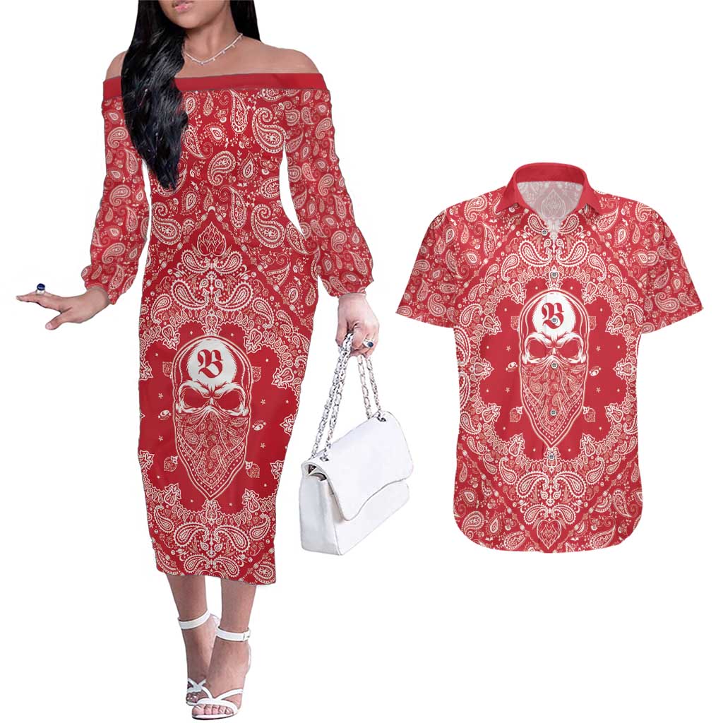 Red Paisley Couples Matching Off The Shoulder Long Sleeve Dress and Hawaiian Shirt Skull Gangster - Wonder Print Shop