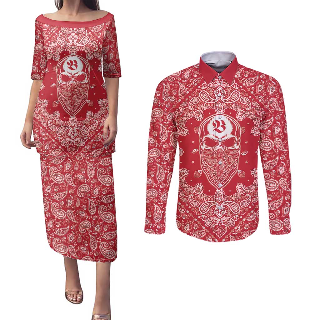 Red Paisley Couples Matching Puletasi and Long Sleeve Button Shirt Skull Gangster - Wonder Print Shop