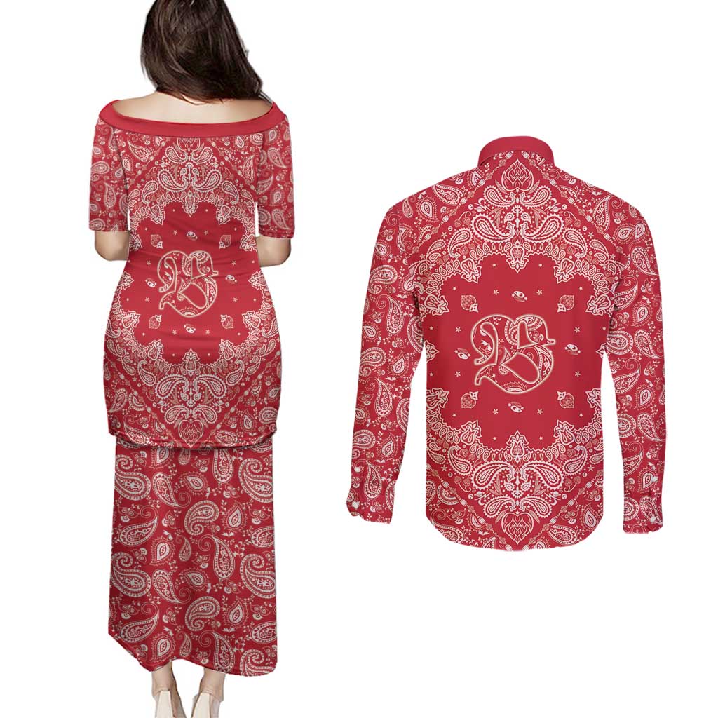 Red Paisley Couples Matching Puletasi and Long Sleeve Button Shirt Skull Gangster - Wonder Print Shop